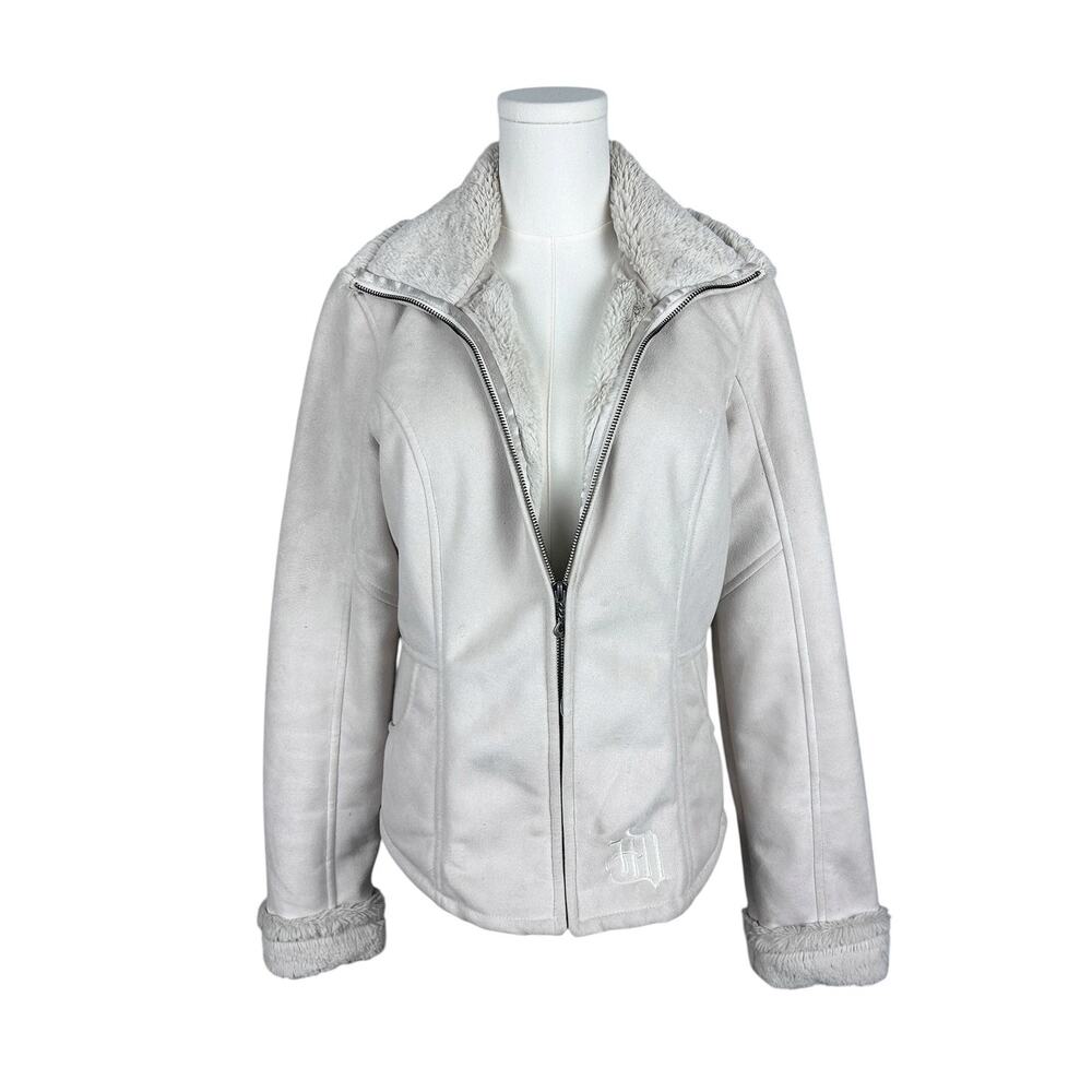 Harley Davidson Cream Zip Front Faux Shearling Lined Biker Motorcycle Jacket M